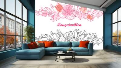 Horizontal border of outline Bougainvillea or Buganvilla flower, bud and leaf in black and pink isolated on white background.  Wall mural