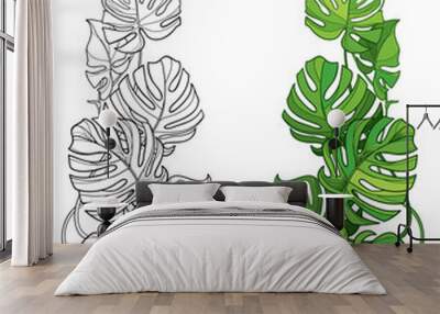 Set with outline tropical Monstera or Swiss cheese plant leaf bunch in black and green isolated on white background. Wall mural