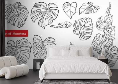 Set with outline tropical Monstera or Swiss cheese plant leaf bunch in black isolated on white background.  Wall mural