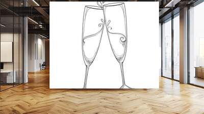 Vector illustration with two contour champagne glasses or flute in black isolated on white background. Outline glass for wine and winery in linear style for holiday design and coloring book. Wall mural