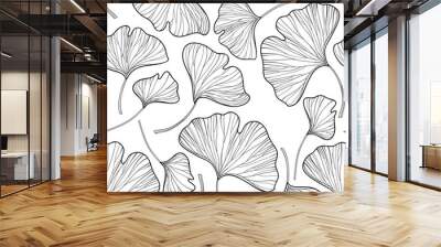 Vector seamless pattern with outline Gingko or Ginkgo biloba leaves in black on the white background. Floral pattern with Gingko foliage in contour style for summer design and coloring book. Wall mural