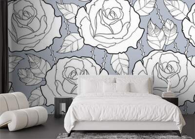 Vector seamless pattern with outline rose flower, stems and leaves in black on the gray background. Elegance floral background with roses in contour style for summer design. Wall mural