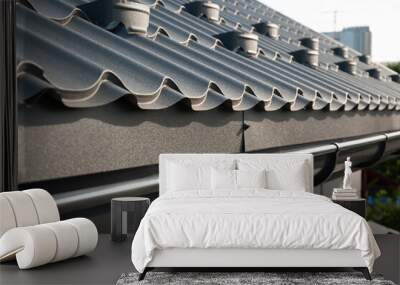 Gray metal roof tiles and rain gutter. House roofing system close-up Wall mural