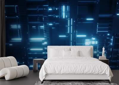 Abstract technology black background. Futuristic digital motherboard texture. Neon blue light Wall mural