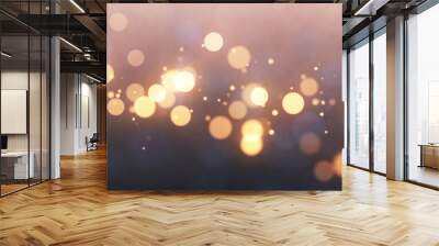 Bright gold bokeh lights abstract background. Flying golden particles or dust. Vivid lightning. Merry christmas design. Blurred light dots. Can use as cover, banner, postcard, flyer. Wall mural