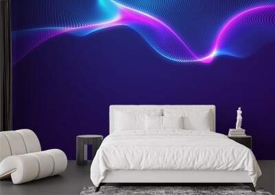 Bright wavy background. Glowing dots and lines. Neon light. Wave element for design. Smooth particle waves. Dynamic techno wallpaper.Violet and blue colors Wall mural