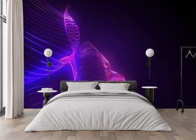 Bright wavy background. Glowing dots and lines. Neon light. Wave element for design. Smooth particle waves. Dynamic techno wallpaper.Violet and blue colors Wall mural