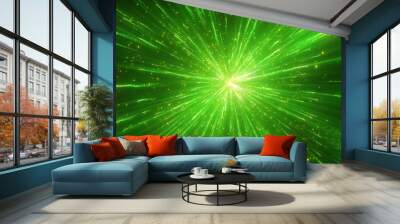 Explosion of green powder or dust. Colored particle splash, fume effect, festive abstract background. Explode particles freeze. Isolated on black. Wall mural