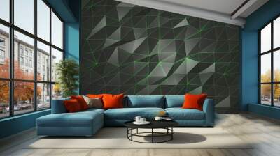 Low poly black triangular background.Dark mosaic segments lowpolygonal background. Glowing green neon lines. New year 2020 Wall mural