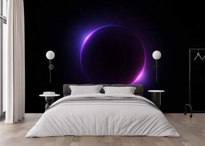 Template for text : Blue and purple neon glowing glare circle with rays. Frame isolated on black background Wall mural