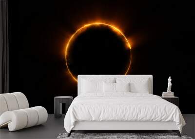 Template for text : Orange neon glowing glare circle with rays. Frame isolated on black background Wall mural