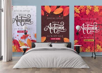 autumn sale background layout decorate with leaves for shopping sale or promo poster and frame leafl Wall mural