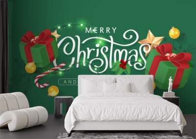 Christmas Decorative Border made of Festive Elements Background .Merry Christmas vector text Calligraphic Lettering Vector illustration. Wall mural