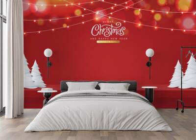 Christmas red shelf on the wall for display and Glowing lights. Merry Christmas text Calligraphic Lettering Vector illustration. Wall mural