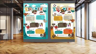 Cute colorful kids meal menu vector template with pirate cartoon and cowboy cartoon Wall mural