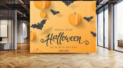 Happy Halloween calligraphy with paper bats and pumpkins. banners party invitation.Vector illustration. Wall mural