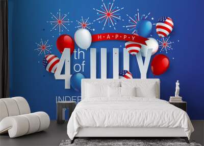 Independence day USA sale promotion banner template american balloons flag and Colorful Fireworks decor.4th of July celebration poster template.fourth of july voucher discount.Vector illustration . Wall mural