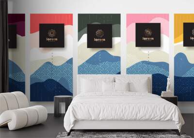 Landscape vector set packaging templates.Line pattern in Asian style with Japanese pattern. Wall mural