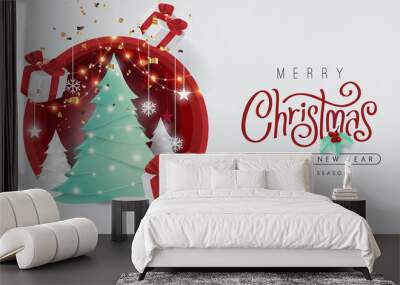 Merry christmas and happy new year background Decorated with christmas tree and gift box paper cut style.Glowing lights Vector Illustration. Wall mural