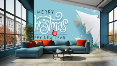 Merry Christmas and Happy New Year background for Greeting cards with tree Branches christmas tree gold paper and gold stars.Merry Christmas vector text Calligraphic Lettering Vector illustration. Wall mural