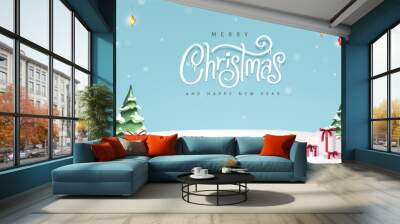 Merry christmas and happy new year greeting card with snow product display cylindrical shape copy-space and Cute snowman standing in winter christmas landscape snow falling Wall mural