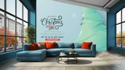 Merry Christmas and Happy New Year sale banner background with paper art and craft style.Calligraphy.Vector illustration template.greeting cards. Wall mural