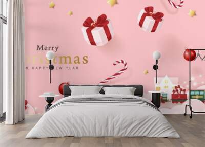 Merry christmas background composition in paper cut style. Vector illustration. Wall mural