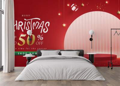 Merry Christmas sale promotion poster banner with product display and festive decoration red background Wall mural