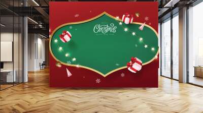 Merry Christmas sign banner frame with empty space and festive decoration on red background Wall mural