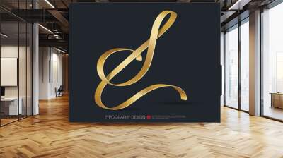 ribbon typography font logo type with Glossy gold decorative silk S letter Wall mural