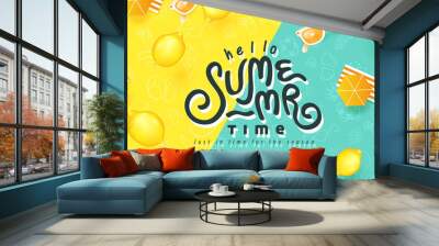 Summer banner design with beach accessories on bright colorful background. Summer Lettering text. Wall mural