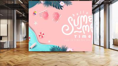 Summer banner design with paper cut tropical beach bright Color background.Paper art concept. Wall mural