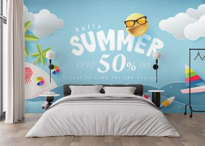 Summer sale design with paper cut beach island with summer elements  in blue sky background.Vector illustration template. Wall mural