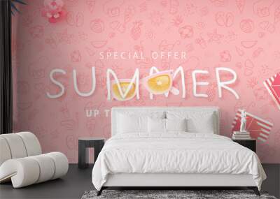 Summer sale design with paper cut tropical beach bright Color background layout banners .Orange sunglasses concept.voucher discount.Vector illustration template. Wall mural