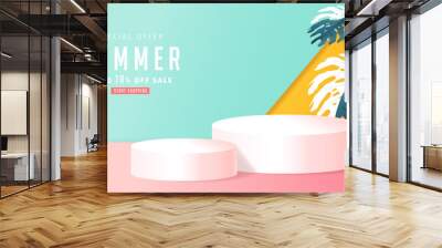 Summer sale design with product display cylindrical shape and monstera leaves decorating bright Color background. Wall mural