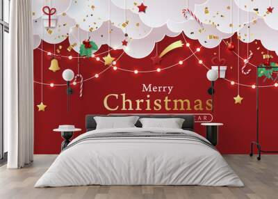 Winter christmas banner background composition in paper cut style.Celebration quotation for card.Vector illustration. Wall mural