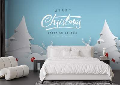 Winter christmas composition in paper cut style.Merry Christmas text Calligraphic Lettering Vector illustration. Wall mural