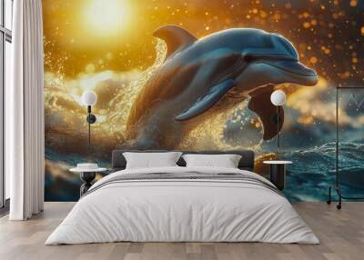 A photorealistic dolphin joyfully swimming through splashing ocean water, capturing the beauty of marine life in motion Wall mural