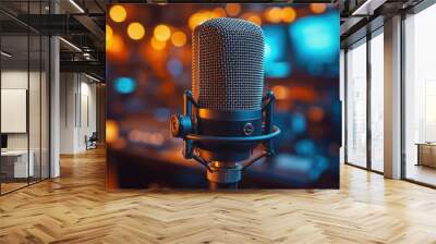 A professional studio microphone in close-up against blurred lights. The microphone is on a stand in warm lighting, perfect for audio recording Wall mural