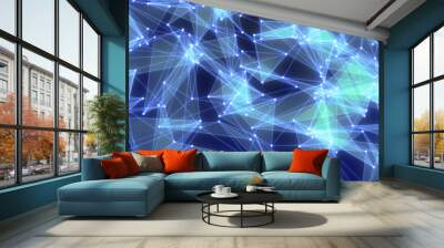 Abstract background of shiny blue glass triangles with lines and dots hi-tech digital triangulation. Screensaver beautiful Wall mural