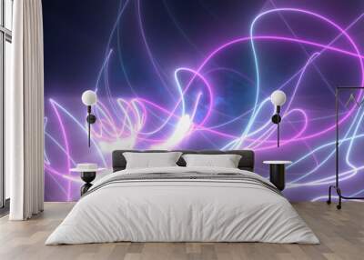 Abstract blue and purple glowing neon energy laser lines flying on a black background Wall mural