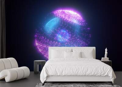 Abstract blue purple energy glowing digital sphere atom made of iridescent energy from moving electric plasma liquid on black background Wall mural