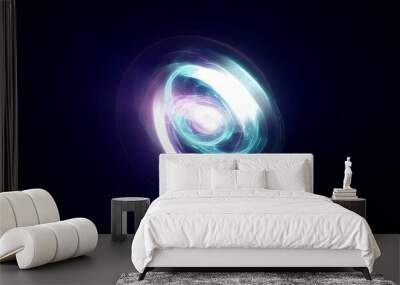 Abstract blue rings spheres from energy magic waves of smoke circles and glowing lines on a black background Wall mural