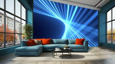 Abstract blue waves from lines and dots of particles of glowing swirling futuristic hi-tech with blur effect on a dark background. Abstract background Wall mural