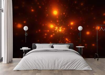 Abstract bright yellow gold glowing background with flying dots circles bokeh energy particles and light rays Wall mural