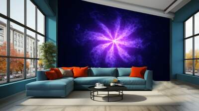 Abstract glowing purple futuristic energy dust with waves of magical energy particles on a dark blue background Wall mural