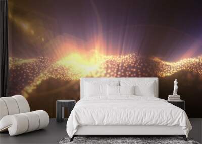 Abstract glowing yellow golden magic energy wave from particles and dots bright shiny on a dark background. Abstract background Wall mural