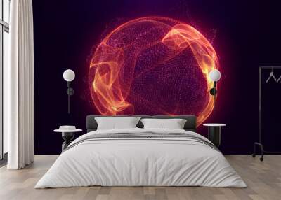 Abstract orange fire energy sphere of particles and waves of magical glowing on a dark background Wall mural