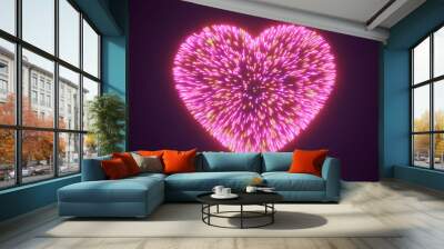 Abstract purple pink fireworks festive fireworks for valentine's day in the shape of a heart from glowing particles and magical energy lines. Abstract background Wall mural