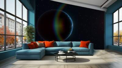 Abstract realistic space spinning planet round sphere with a blue water surface in space against the background of stars Wall mural